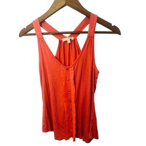 Lush Women Coral Orange Salmon Ruffle Button Racerback Slub Knit Tank Top Small
